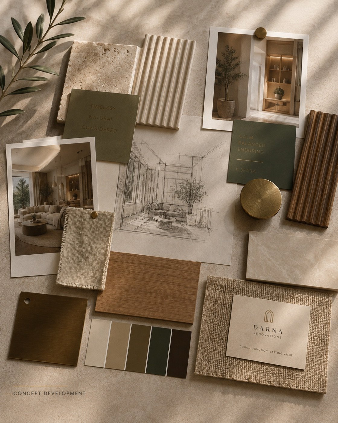 A DARNA moodboard of stone, timber and fabric samples